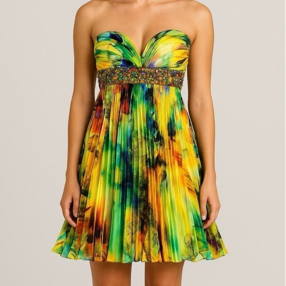 Evenings by Allure Multicolor Jeweled Pleated Strapless Dress